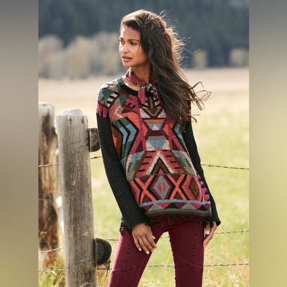Peruvian Connection Sweaters - PERUVIAN CONNECTION Wool Serenata Pullover Fringe in Magenta Coral Sage Sz. XL
